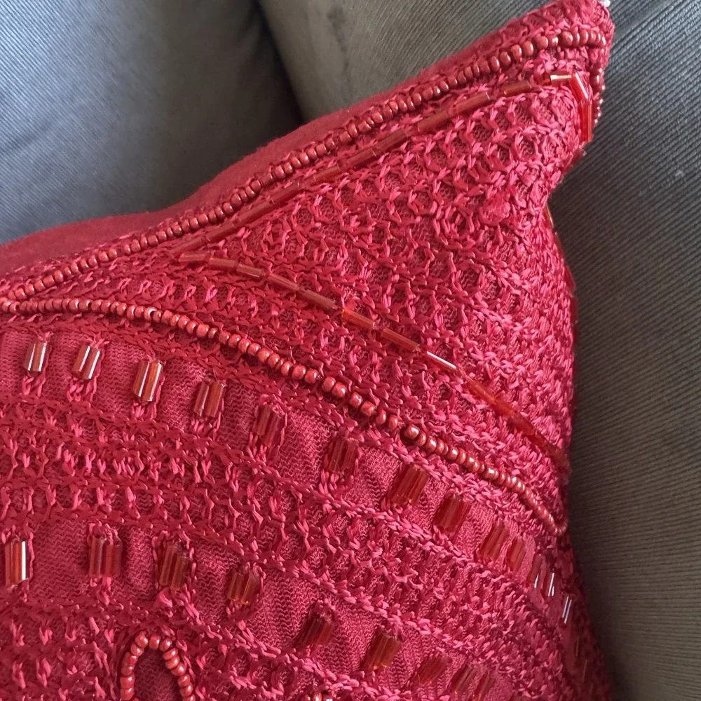 Pier 1 Imports ~ Red Beaded Throw Pillow ~ Rectangular ~ Shiny ~ Lumbar 16